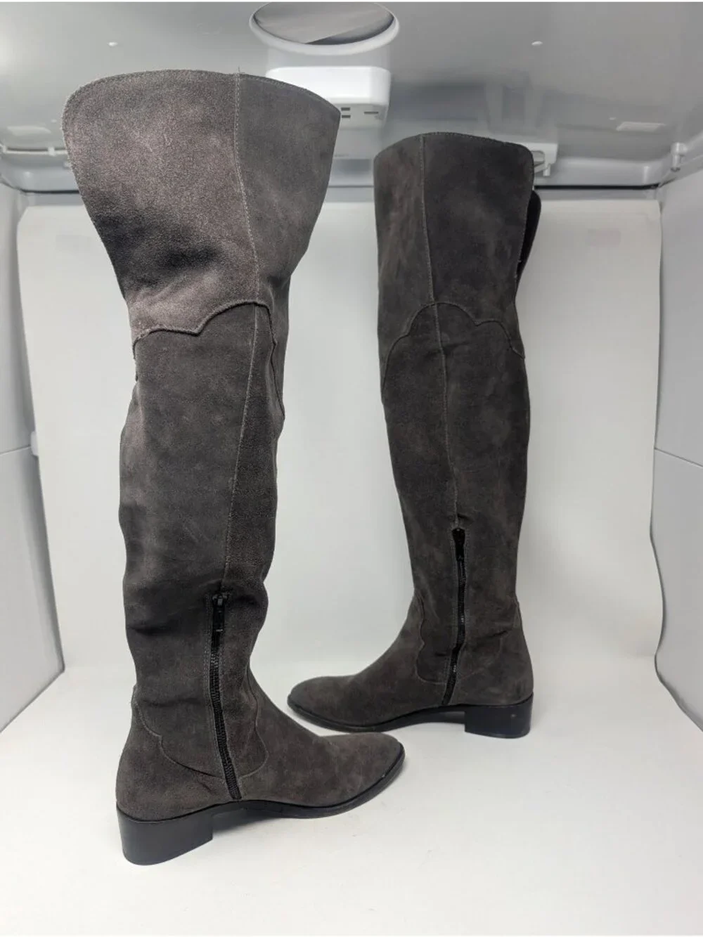 Frye Over Knee Suede Boots 8 Gray Leather Heel